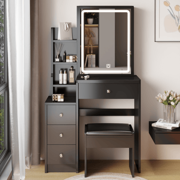 Compact Vanity Table with Cushioned Stool and LED Touch Control Mirror Tri-Color Brightness Adjustable