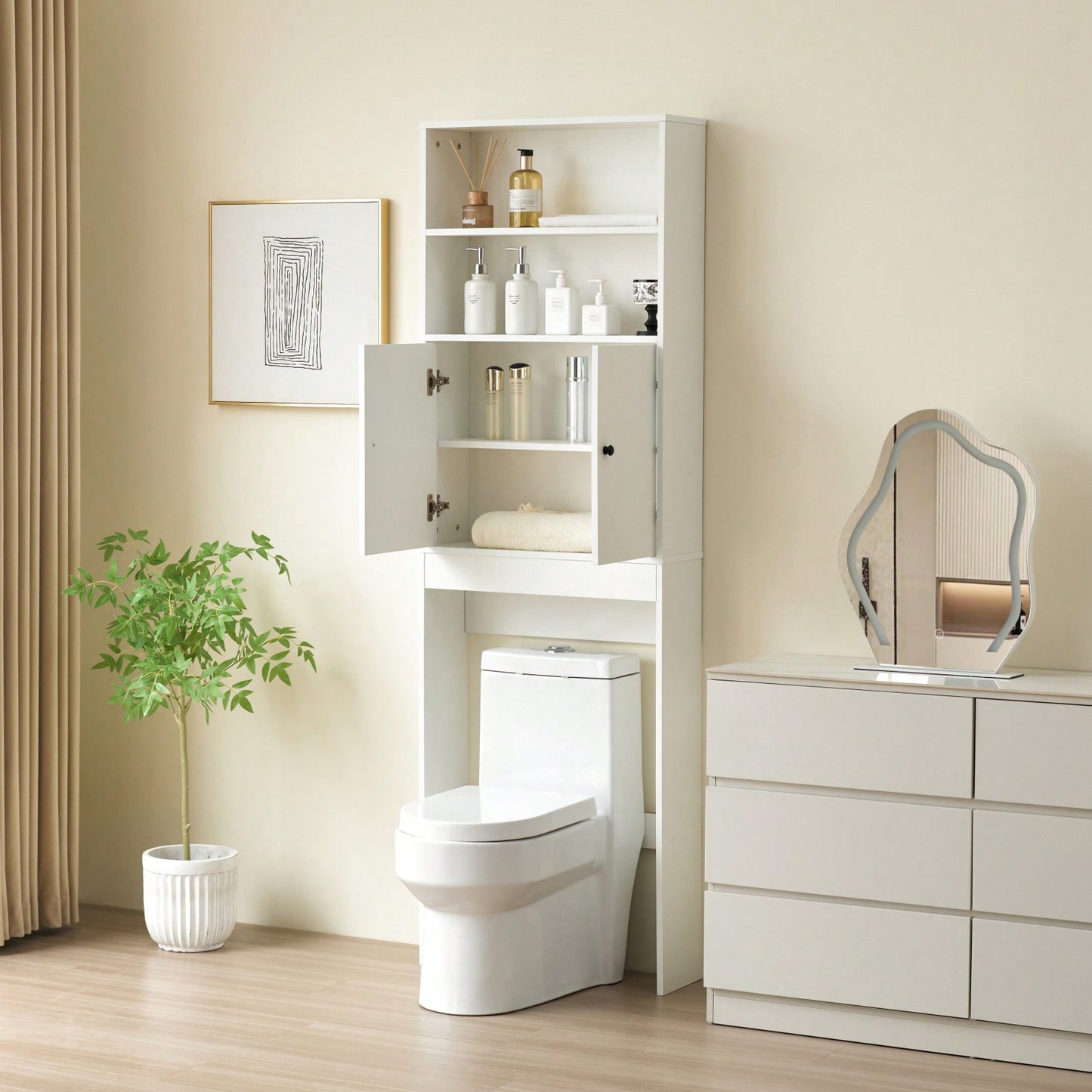 Farmhouse Style Over Toilet Storage Cabinet with Sliding Barn Doors and Open Shelf for Bathroom Essentials