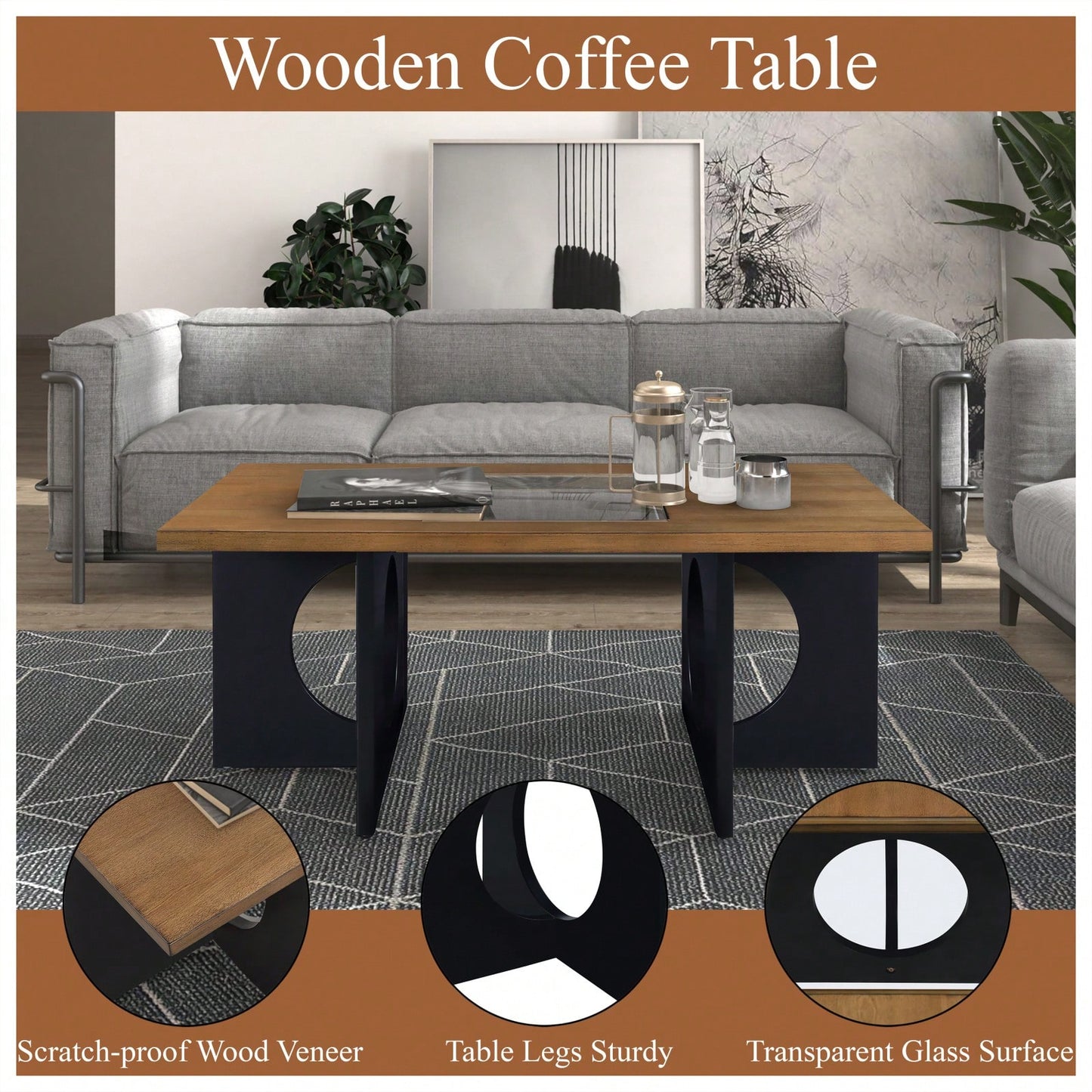 47 Inch Modern Coffee Table with Tempered Glass Top Durable MDF and Birch Veneer Easy Assembly for Living Room