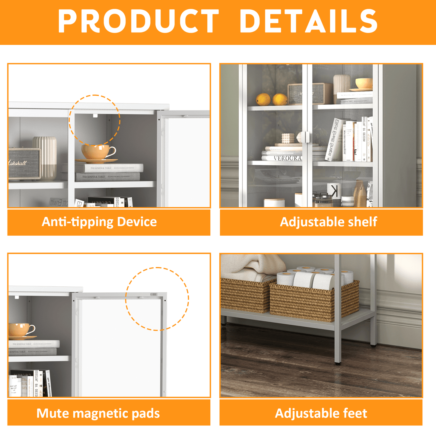 59 Inch Tall Metal Storage Cabinet with Glass Doors Adjustable Shelves Modern Display Bookcase for Home Office Living Room Kitchen