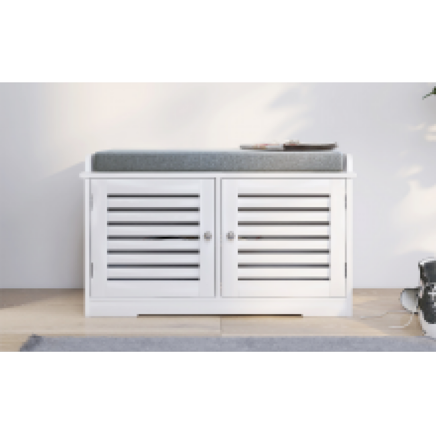 Rustic Entryway Shoe Bench With Cushioned Seat And Sliding Barn Doors