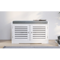 Rustic Entryway Shoe Bench With Cushioned Seat And Sliding Barn Doors