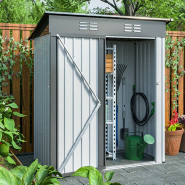 Compact 5x3ft Galvanized Metal Outdoor Storage Shed with Lockable Doors for Tools Bikes Trash Cans and More