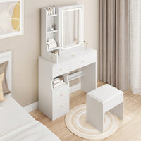 Compact Desktop Vanity Table with Cushioned Stool and Adjustable LED Mirror - Tri-Color Brightness for Girls