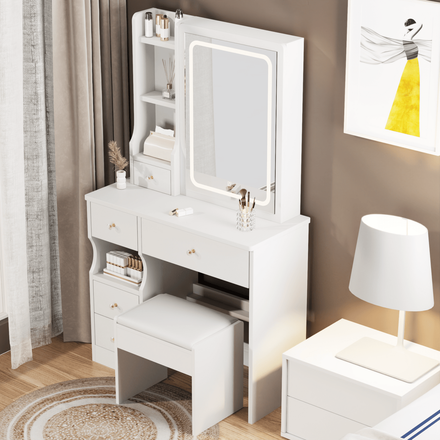 Compact Desktop Vanity Table with Cushioned Stool and Adjustable LED Mirror - Tri-Color Brightness for Girls