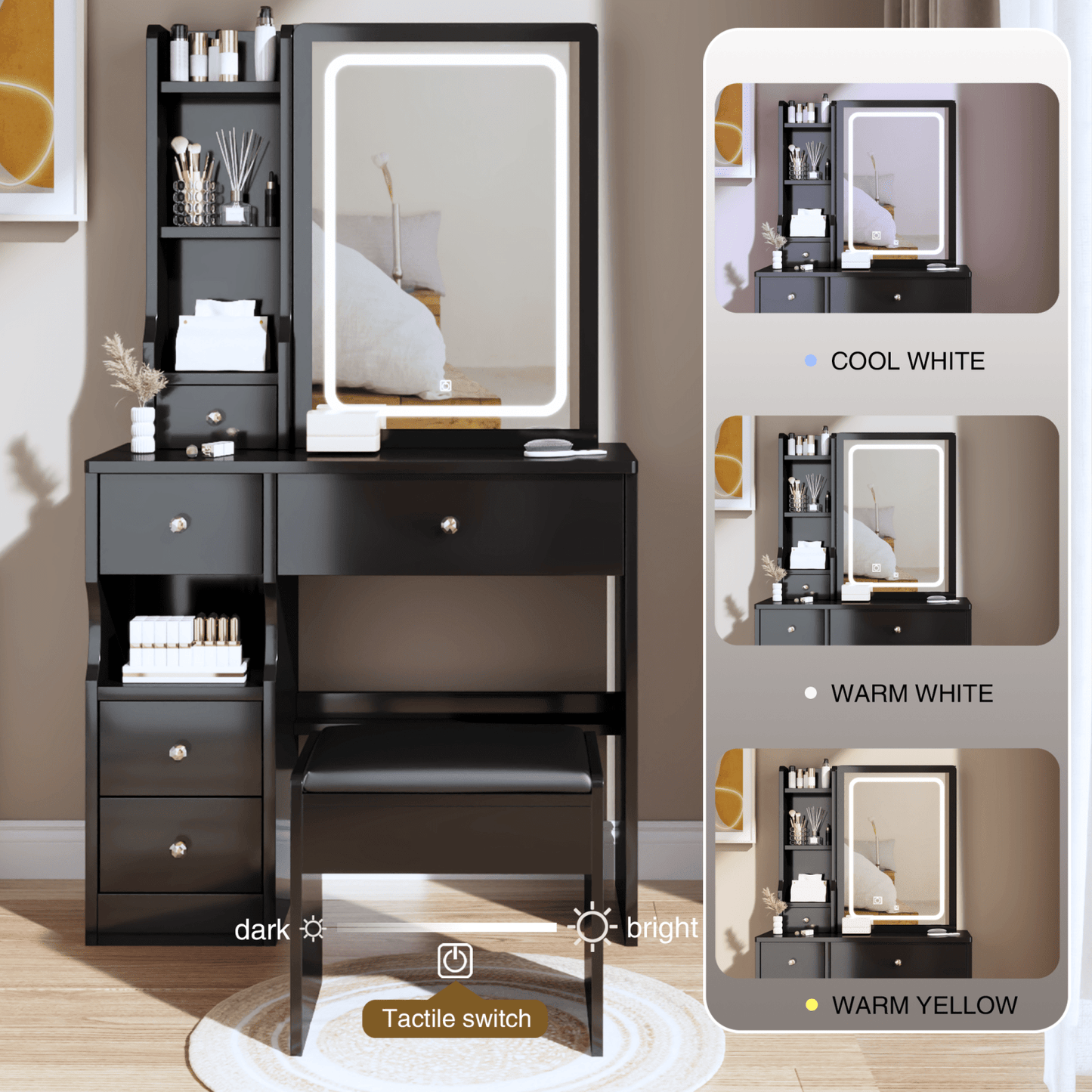 Compact Desktop Vanity Table with Cushioned Stool and Adjustable LED Mirror - Tri-Color Brightness for Girls