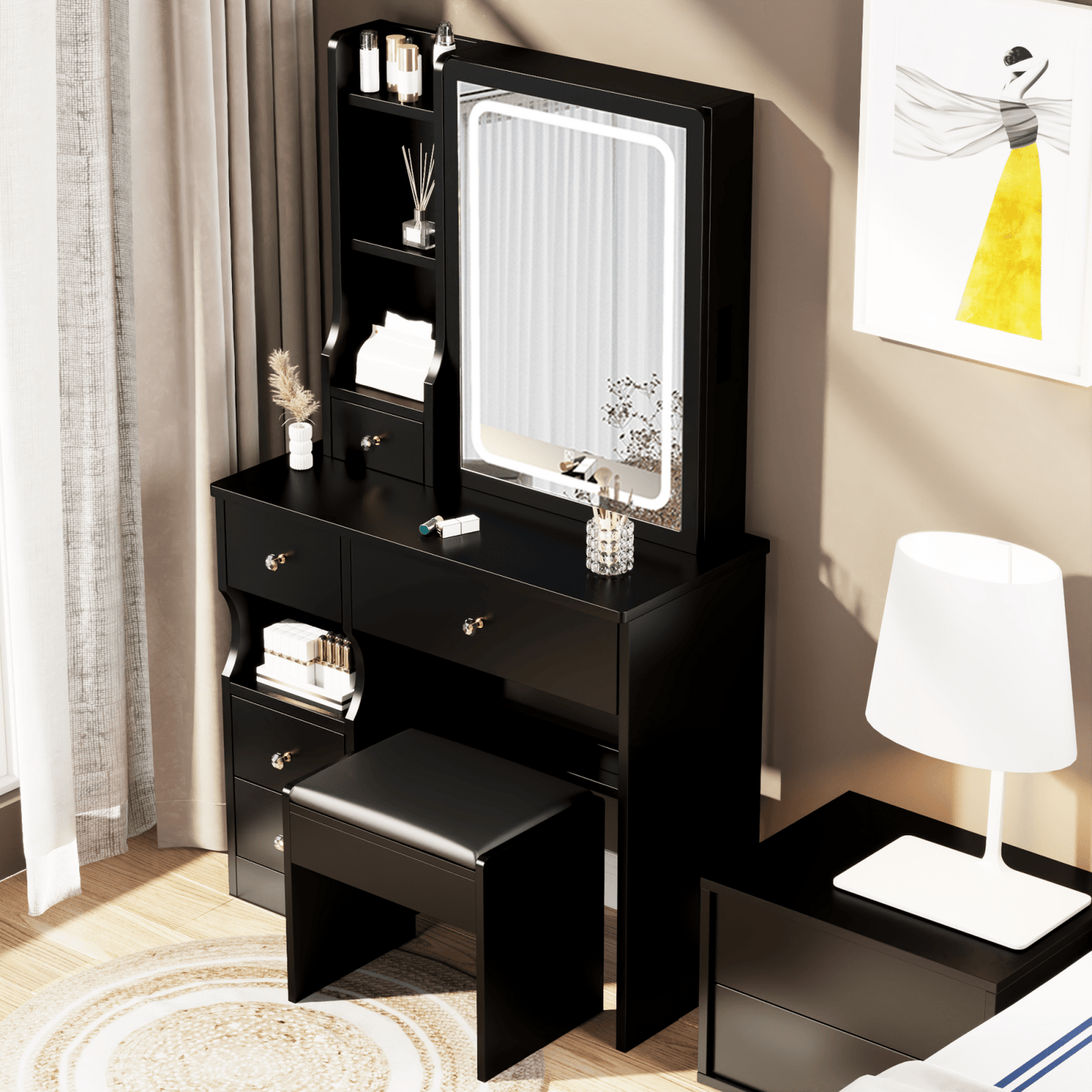 Compact Desktop Vanity Table with Cushioned Stool and Adjustable LED Mirror - Tri-Color Brightness for Girls