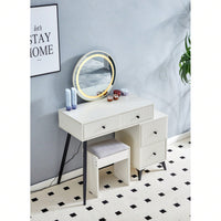 Modern Fluted Vanity Desk with LED Round Mirror and Glass Top, 4 Drawer Makeup Table with Adjustable Shelves