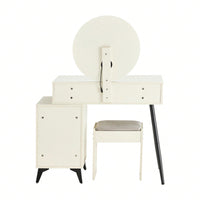 Modern Fluted Vanity Desk with LED Round Mirror and Glass Top, 4 Drawer Makeup Table with Adjustable Shelves