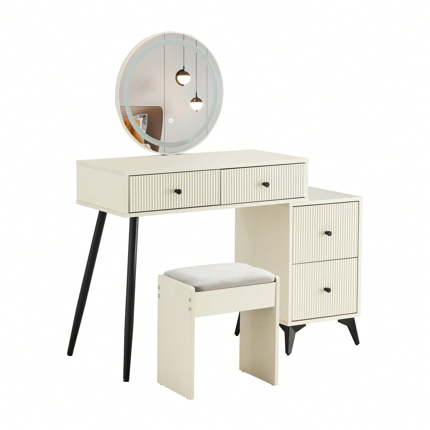 Modern Fluted Vanity Desk with LED Round Mirror and Glass Top, 4 Drawer Makeup Table with Adjustable Shelves