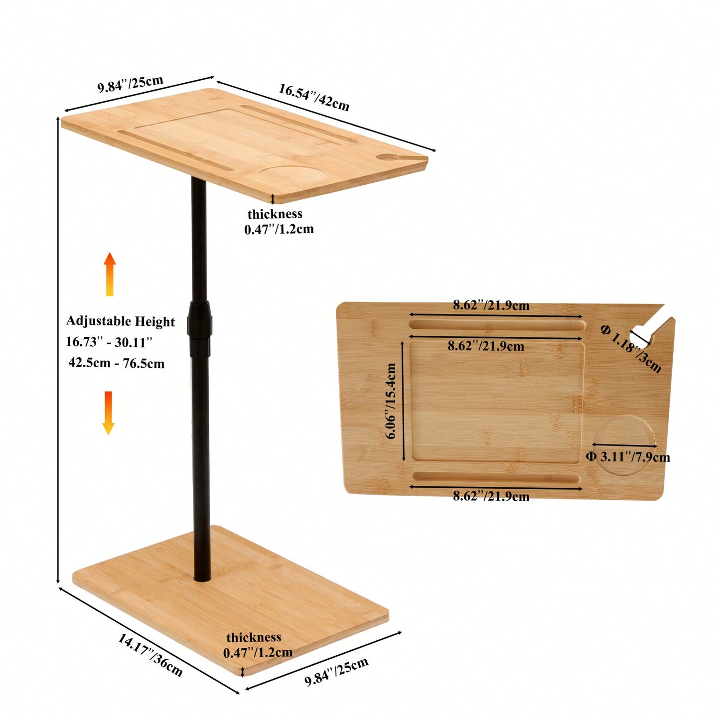 C-Shaped Sofa Side Table With Slots, Bamboo Height Adjustable End Table For Living Room & Bedroom