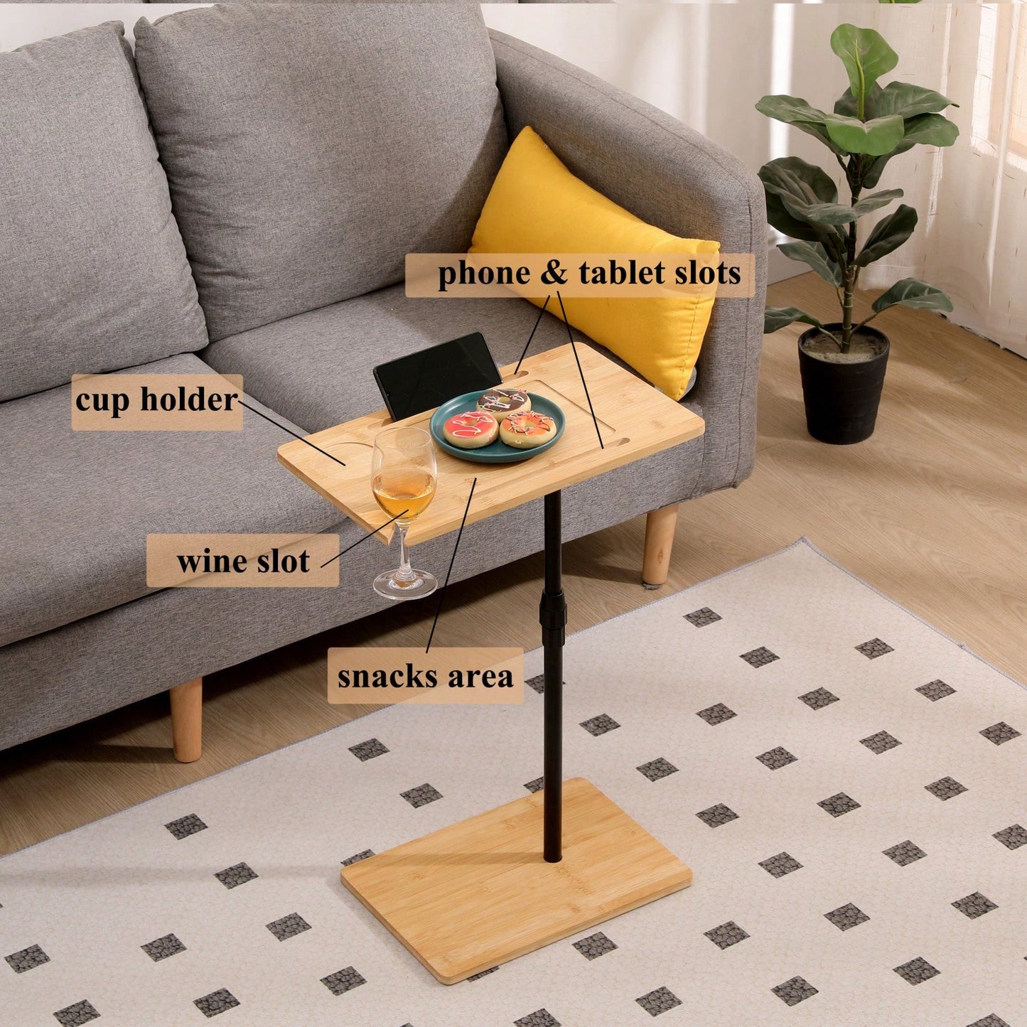 C-Shaped Sofa Side Table With Slots, Bamboo Height Adjustable End Table For Living Room & Bedroom