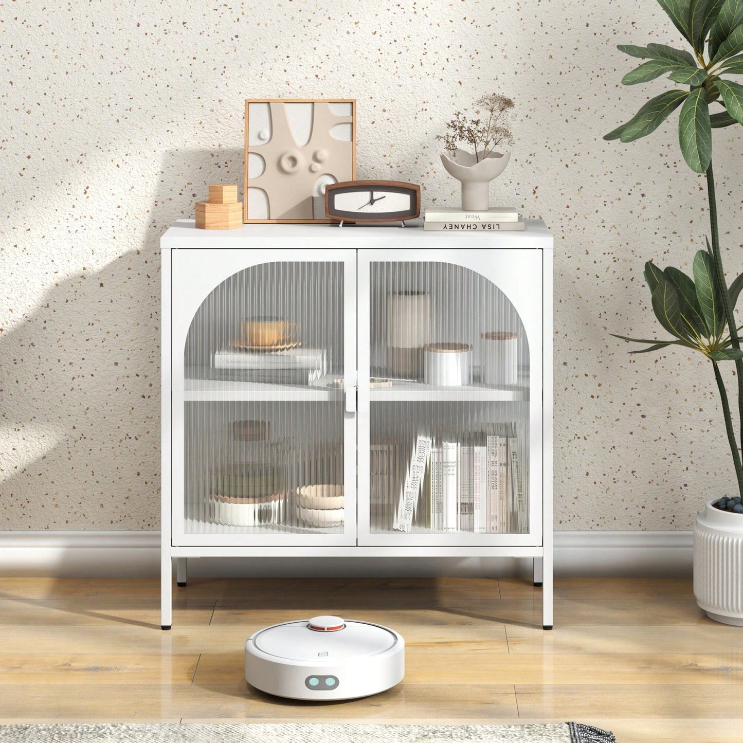 Modern Metal Sideboard Cabinet with Glass Doors Adjustable Shelves 154 Lbs Capacity for Kitchen Living Room and Hallway