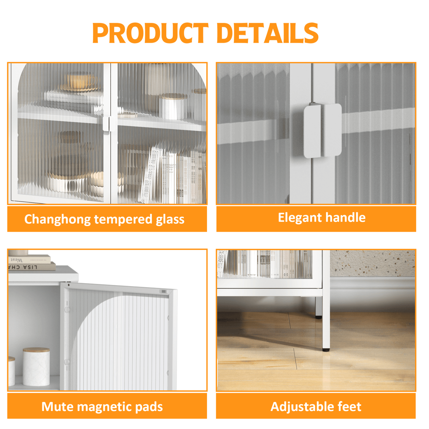 Modern Metal Sideboard Cabinet with Glass Doors Adjustable Shelves 154 Lbs Capacity for Kitchen Living Room and Hallway