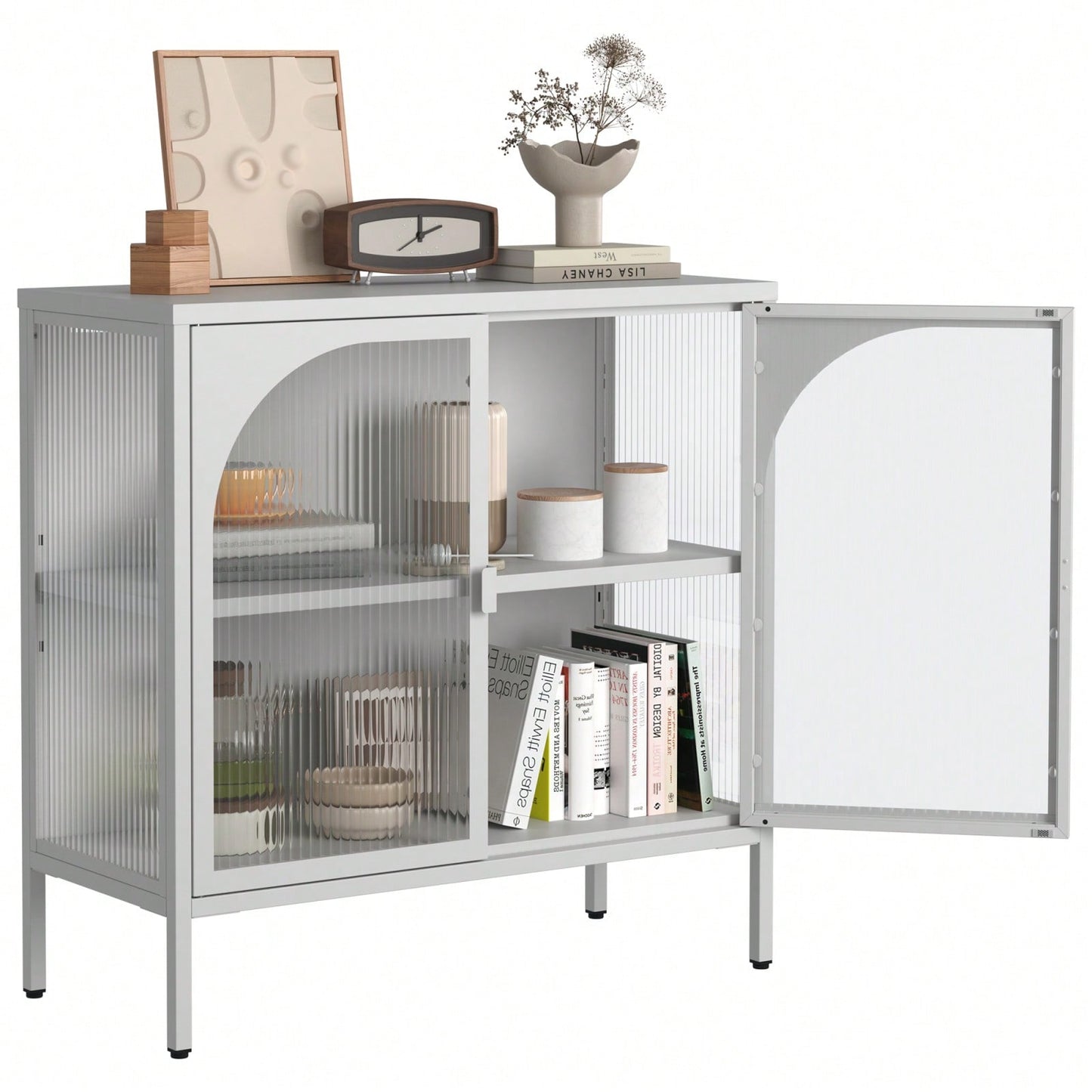 Modern Metal Sideboard Cabinet with Glass Doors Adjustable Shelves 154 Lbs Capacity for Kitchen Living Room and Hallway