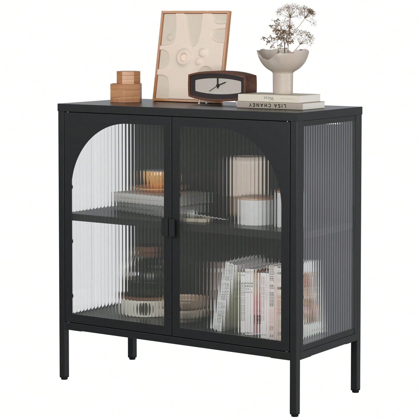 Modern Metal Sideboard Cabinet with Glass Doors Adjustable Shelves 154 Lbs Capacity for Kitchen Living Room and Hallway