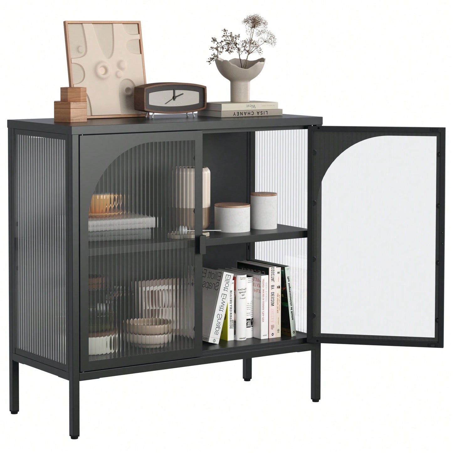 Modern Metal Sideboard Cabinet with Glass Doors Adjustable Shelves 154 Lbs Capacity for Kitchen Living Room and Hallway