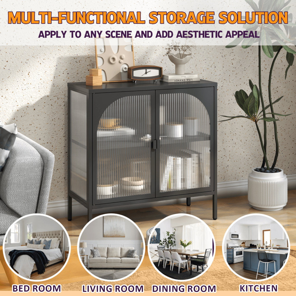 Modern Metal Sideboard Cabinet with Glass Doors Adjustable Shelves 154 Lbs Capacity for Kitchen Living Room and Hallway