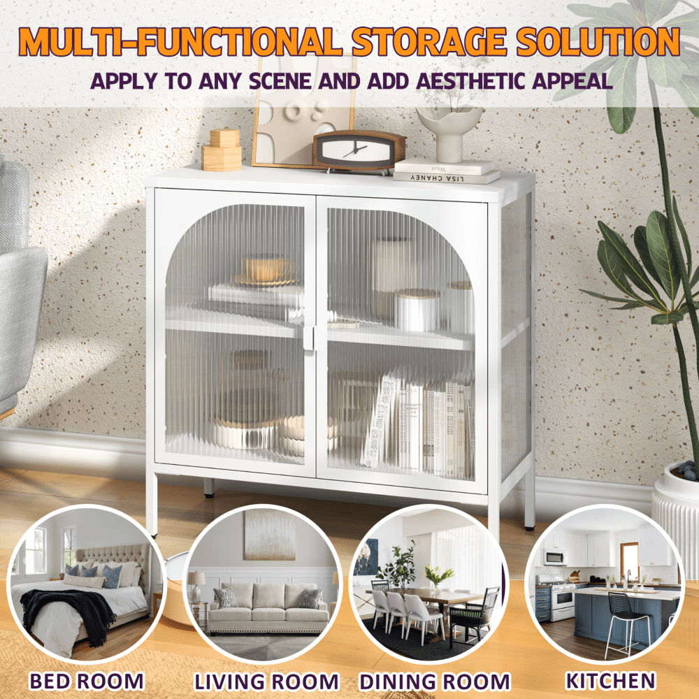 Modern Metal Sideboard Cabinet with Glass Doors Adjustable Shelves 154 Lbs Capacity for Kitchen Living Room and Hallway