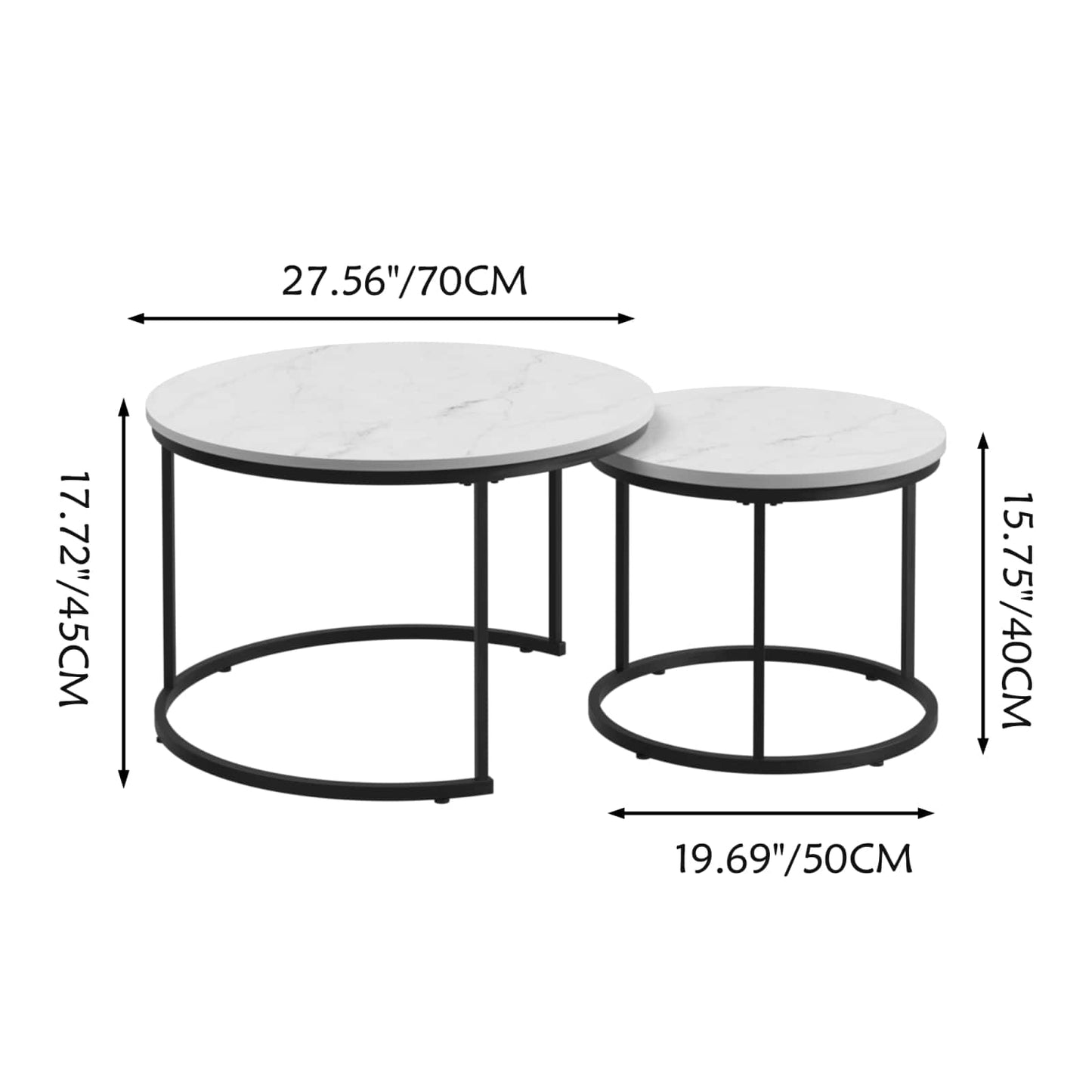 Nesting Coffee Tables Set of 2 with Round Marble Design Wood Top and Metal Frame for Living Room Bedroom Patio