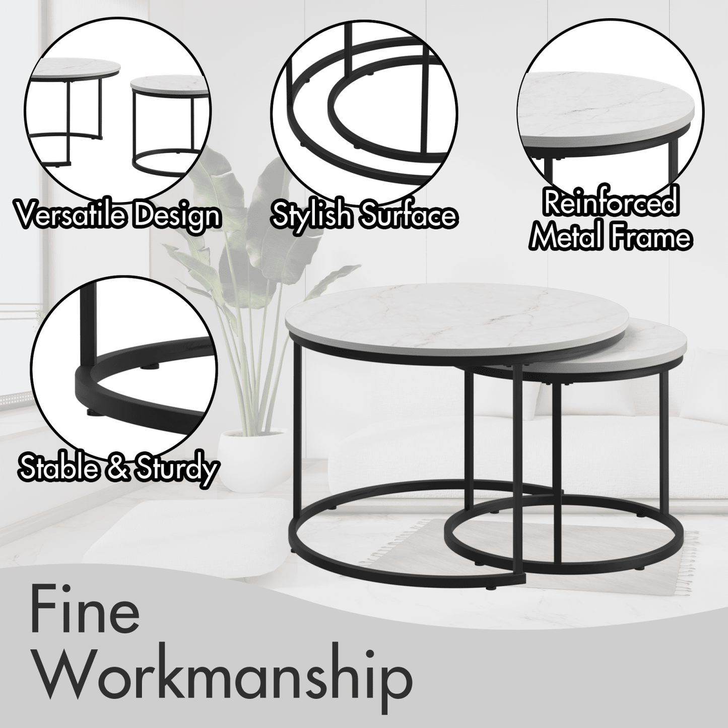 Nesting Coffee Tables Set of 2 with Round Marble Design Wood Top and Metal Frame for Living Room Bedroom Patio