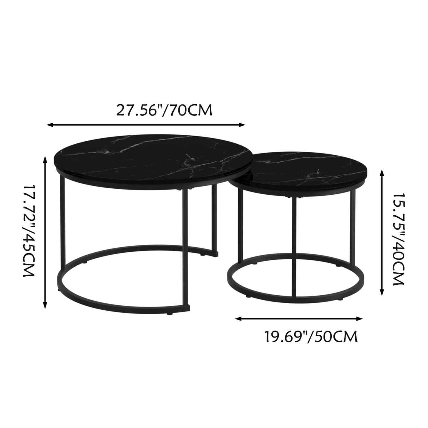 Nesting Coffee Tables Set of 2 with Round Marble Design Wood Top and Metal Frame for Living Room Bedroom Patio