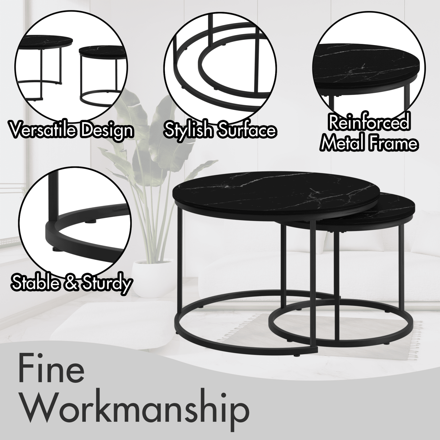 Nesting Coffee Tables Set of 2 with Round Marble Design Wood Top and Metal Frame for Living Room Bedroom Patio