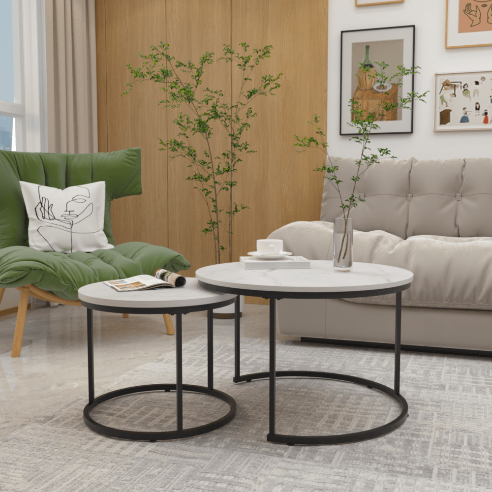 Nesting Coffee Tables Set of 2 with Round Marble Design Wood Top and Metal Frame for Living Room Bedroom Patio