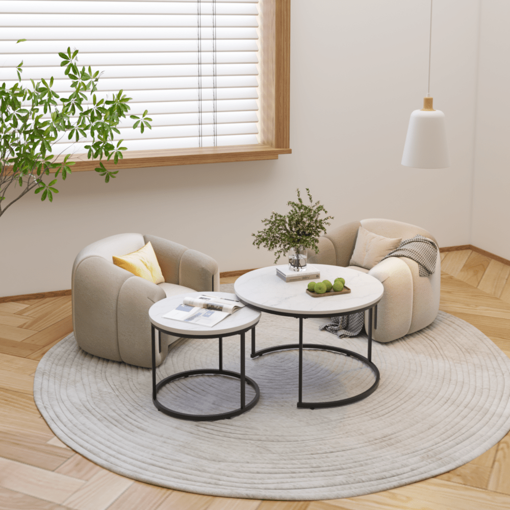 Nesting Coffee Tables Set of 2 with Round Marble Design Wood Top and Metal Frame for Living Room Bedroom Patio