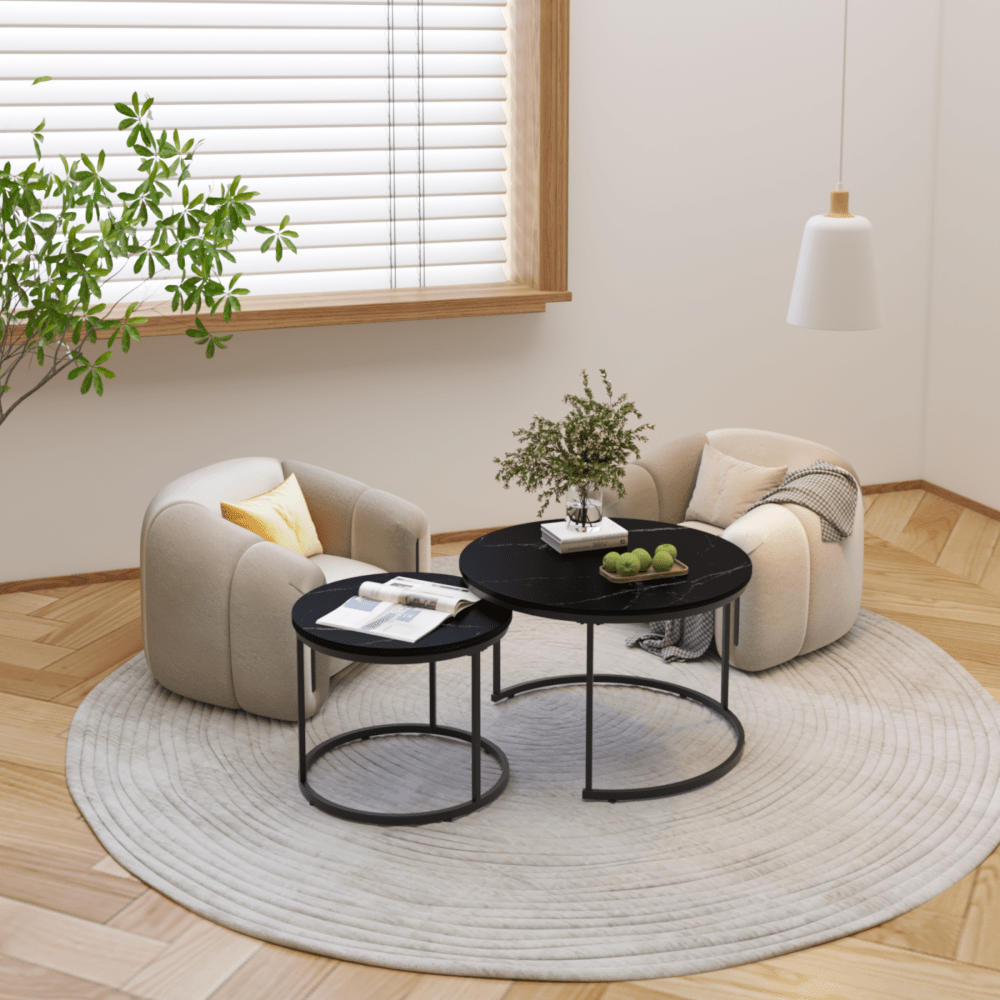 Nesting Coffee Tables Set of 2 with Round Marble Design Wood Top and Metal Frame for Living Room Bedroom Patio