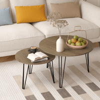 Round Nesting Coffee Table Set Of 2, 27.56" Circular End Tables, Wooden Top & Metal Base, Brown, For Living Room, Bedroom