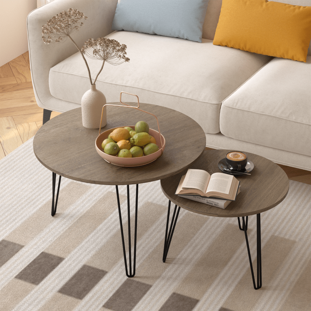 Round Nesting Coffee Table Set Of 2, 27.56" Circular End Tables, Wooden Top & Metal Base, Brown, For Living Room, Bedroom