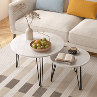 Round Nesting Coffee Table Set Of 2, 27.56" Circular End Tables, Wooden Top & Metal Base, Brown, For Living Room, Bedroom