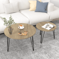 Round Nesting Coffee Table Set Of 2, 27.56" Circular End Tables, Wooden Top & Metal Base, Brown, For Living Room, Bedroom