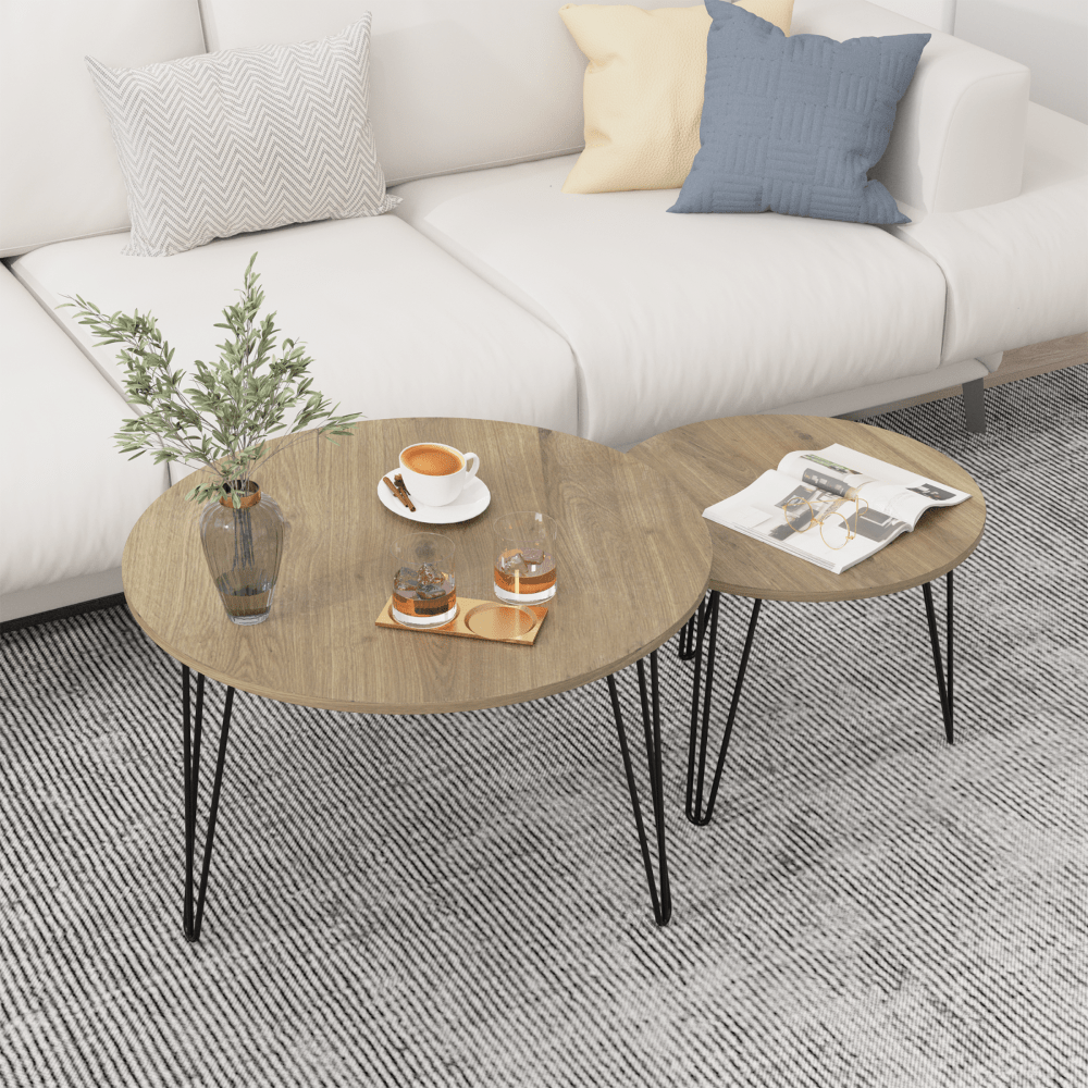 Round Nesting Coffee Table Set Of 2, 27.56" Circular End Tables, Wooden Top & Metal Base, Brown, For Living Room, Bedroom