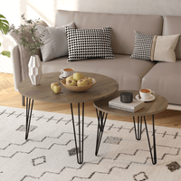 Round Nesting Coffee Table Set Of 2, 27.56" Circular End Tables, Wooden Top & Metal Base, Brown, For Living Room, Bedroom