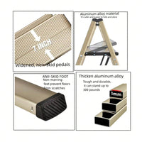 3-Step Aluminum Folding Ladder with Non-Skid Pedals 300 lb Capacity for Home Office and Kitchen Use