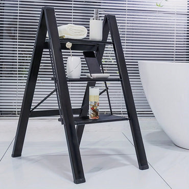 3-Step Aluminum Folding Ladder with Non-Skid Pedals 300 lb Capacity for Home Office and Kitchen Use