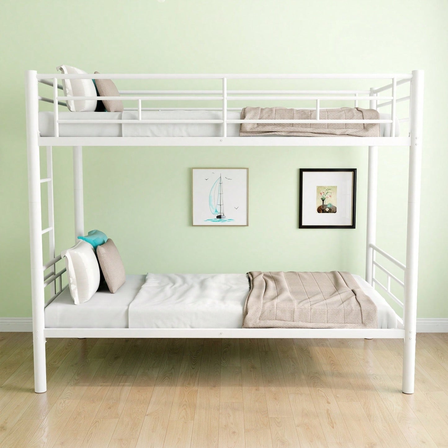 Twin Over Twin Bunk Bed With Ladder And High Guardrail | Splittable Metal Bunkbed Frame | Storage Space | Noise Free Design