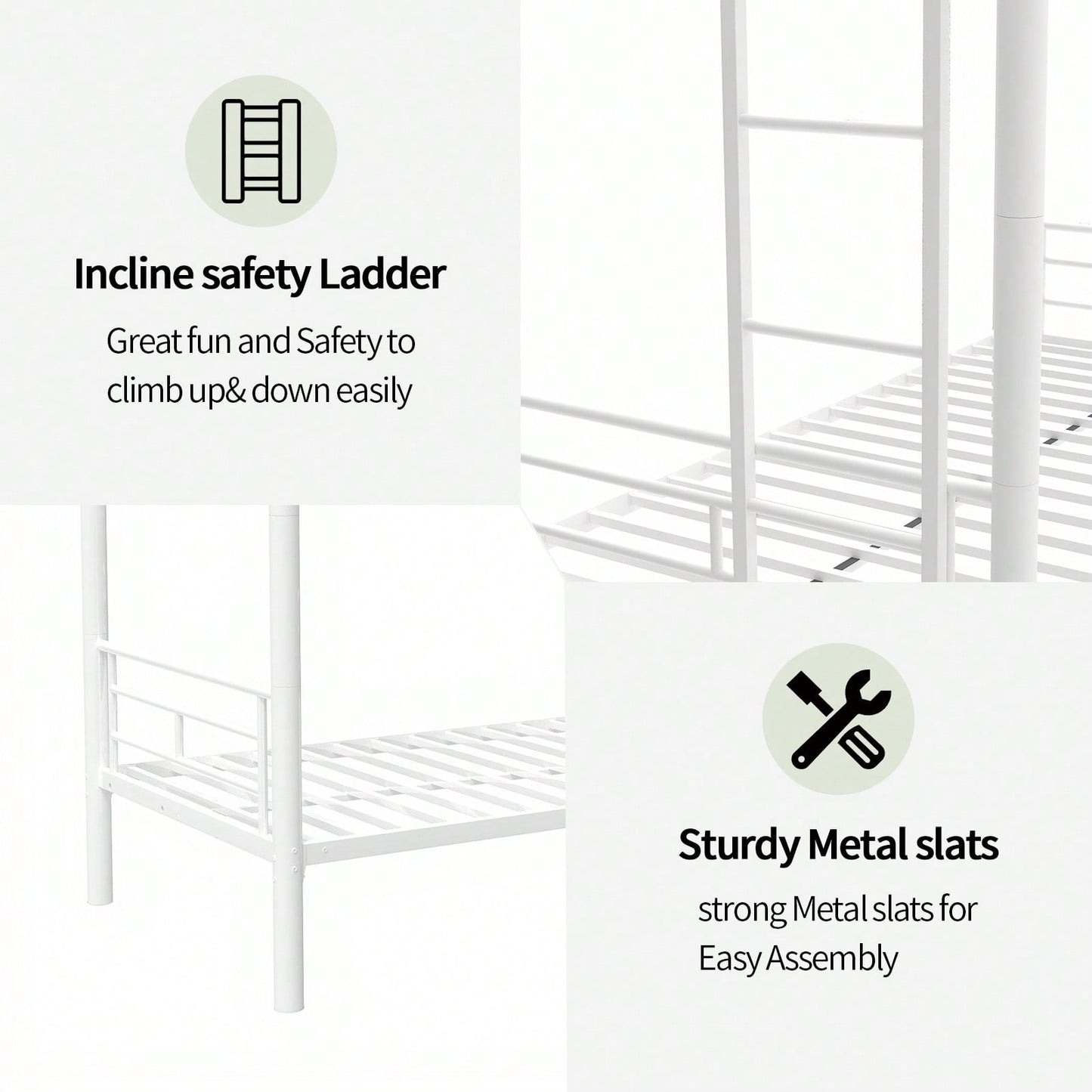 Twin Over Twin Bunk Bed With Ladder And High Guardrail | Splittable Metal Bunkbed Frame | Storage Space | Noise Free Design