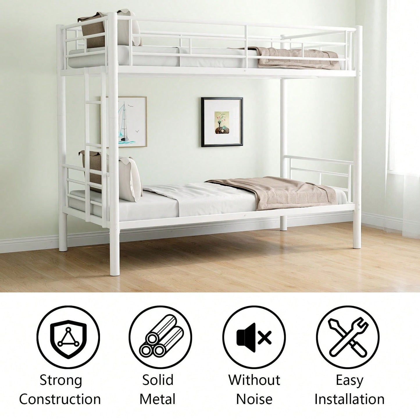 Twin Over Twin Bunk Bed With Ladder And High Guardrail | Splittable Metal Bunkbed Frame | Storage Space | Noise Free Design