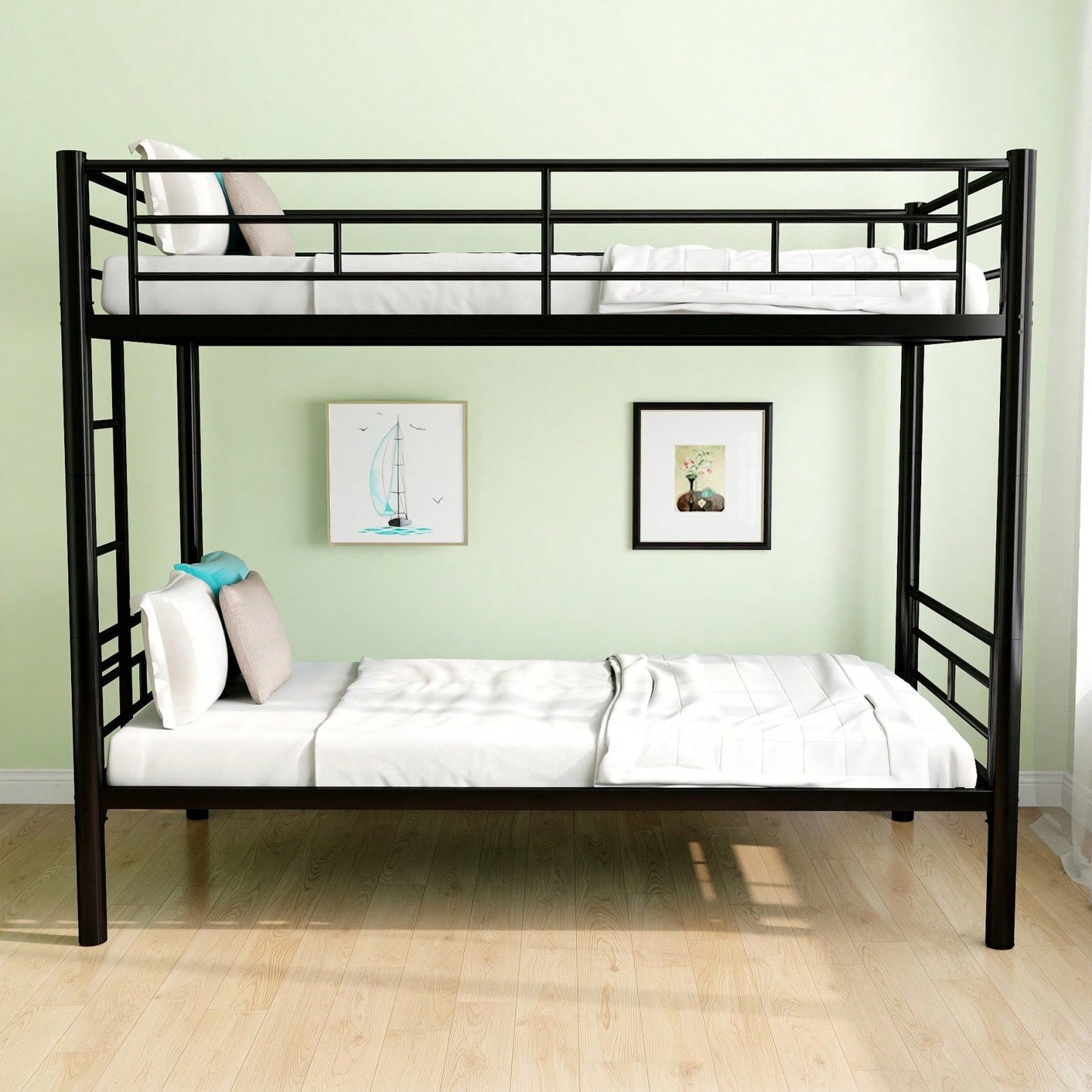 Twin Over Twin Bunk Bed With Ladder And High Guardrail | Splittable Metal Bunkbed Frame | Storage Space | Noise Free Design