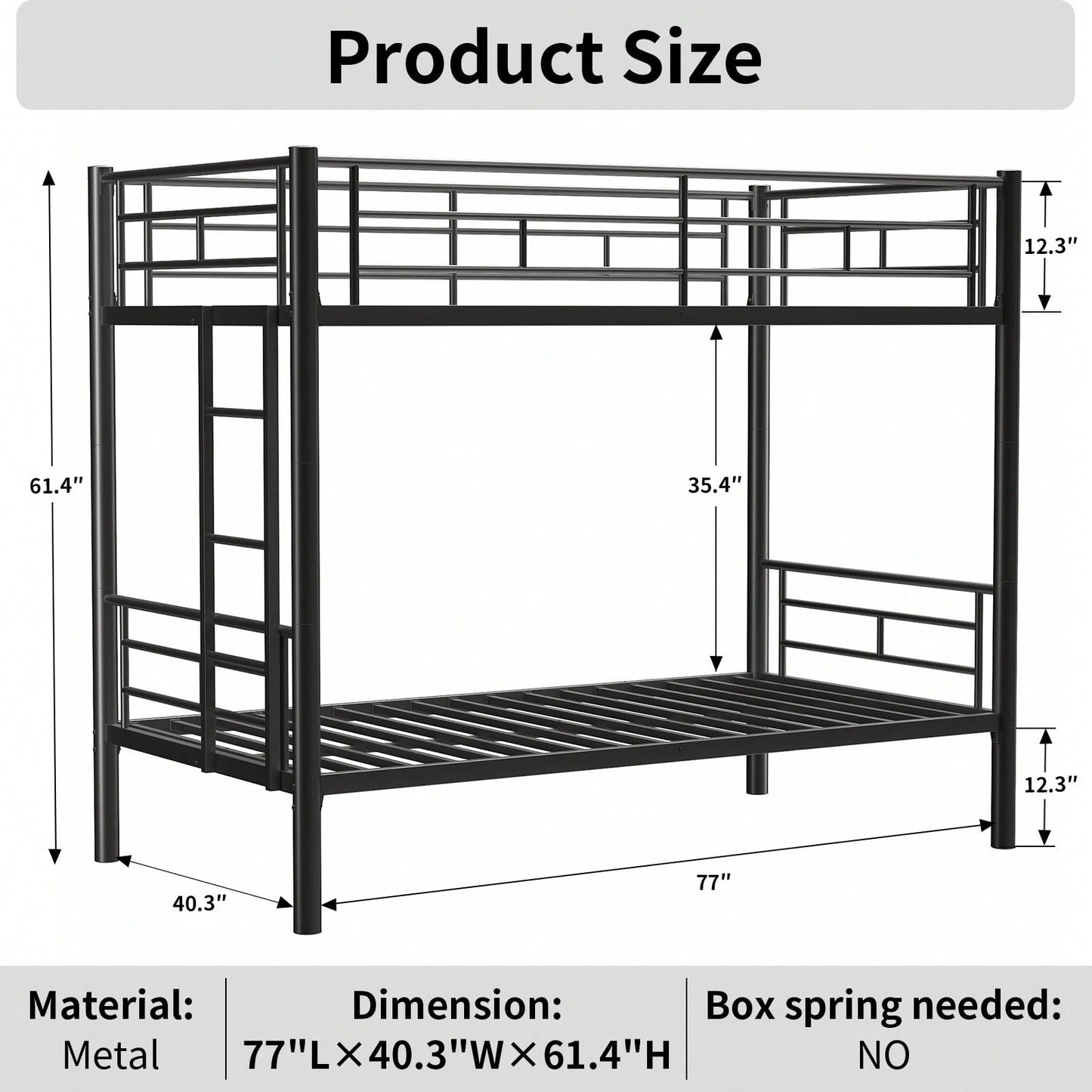 Twin Over Twin Bunk Bed With Ladder And High Guardrail | Splittable Metal Bunkbed Frame | Storage Space | Noise Free Design