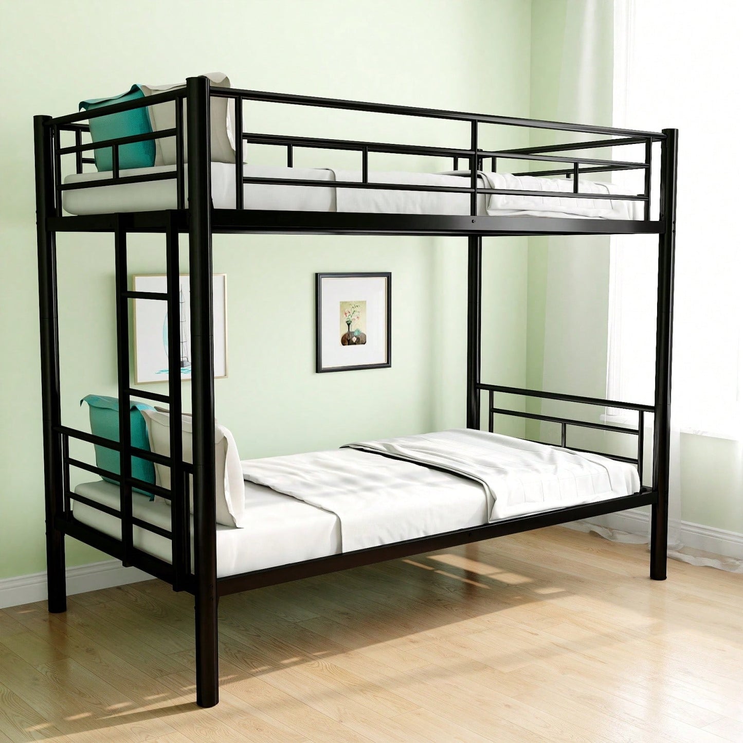 Twin Over Twin Bunk Bed With Ladder And High Guardrail | Splittable Metal Bunkbed Frame | Storage Space | Noise Free Design