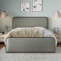 Queen Size Grey Upholstered Platform Bed Frame with Curved Headboard and Footboard Heavy Duty Metal Slats No Box Spring Needed