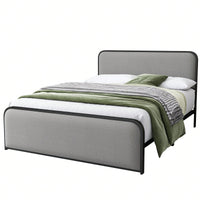 Queen Size Grey Upholstered Platform Bed Frame with Curved Headboard and Footboard Heavy Duty Metal Slats No Box Spring Needed