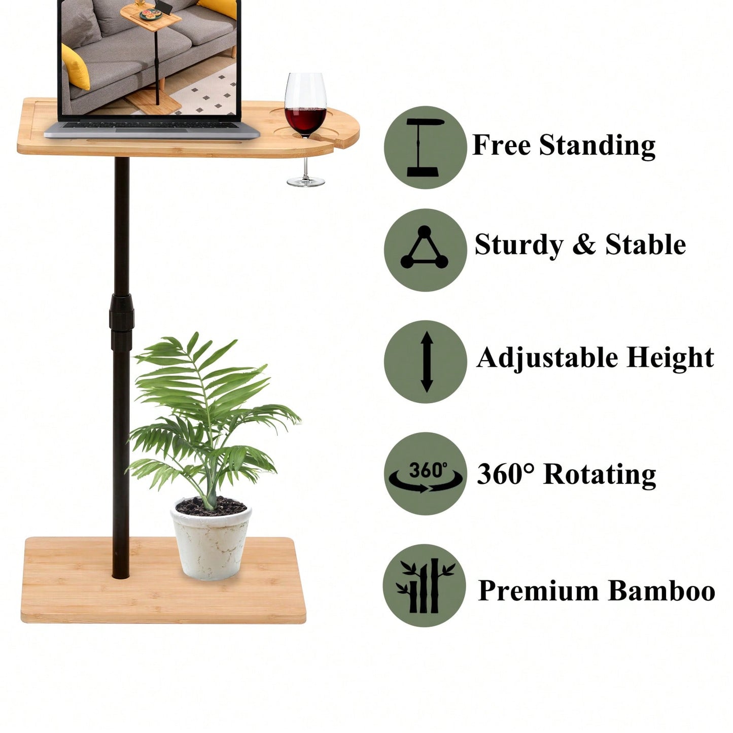 C-Shaped Side Table, Bamboo Height Adjustable Sofa Table With Slots For Bed & Chairs In Living Room & Bedroom