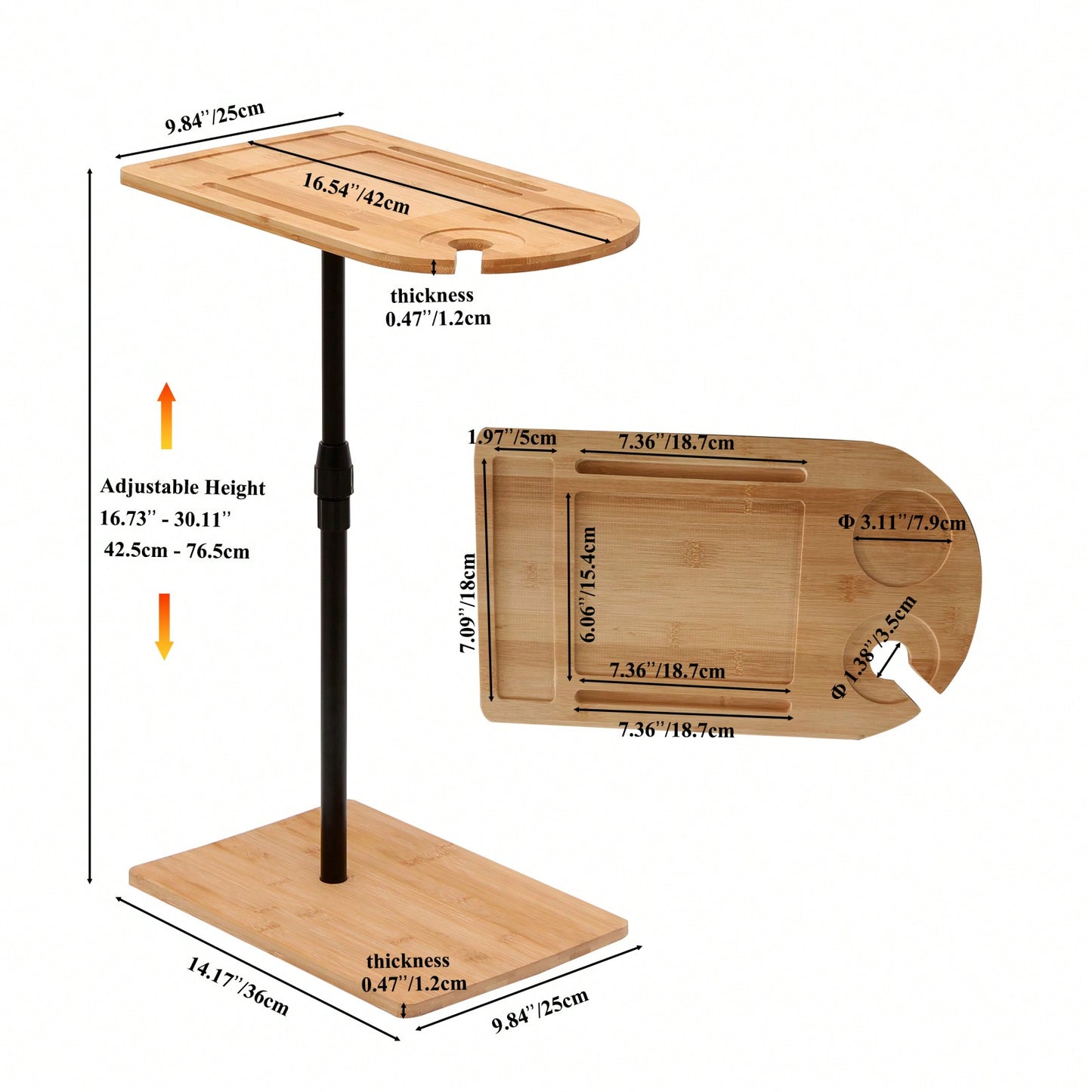 C-Shaped Side Table, Bamboo Height Adjustable Sofa Table With Slots For Bed & Chairs In Living Room & Bedroom