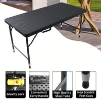 4ft Rattan Folding Table For Indoor&Outdoor, Portable Foldable Table Rattan Plaited