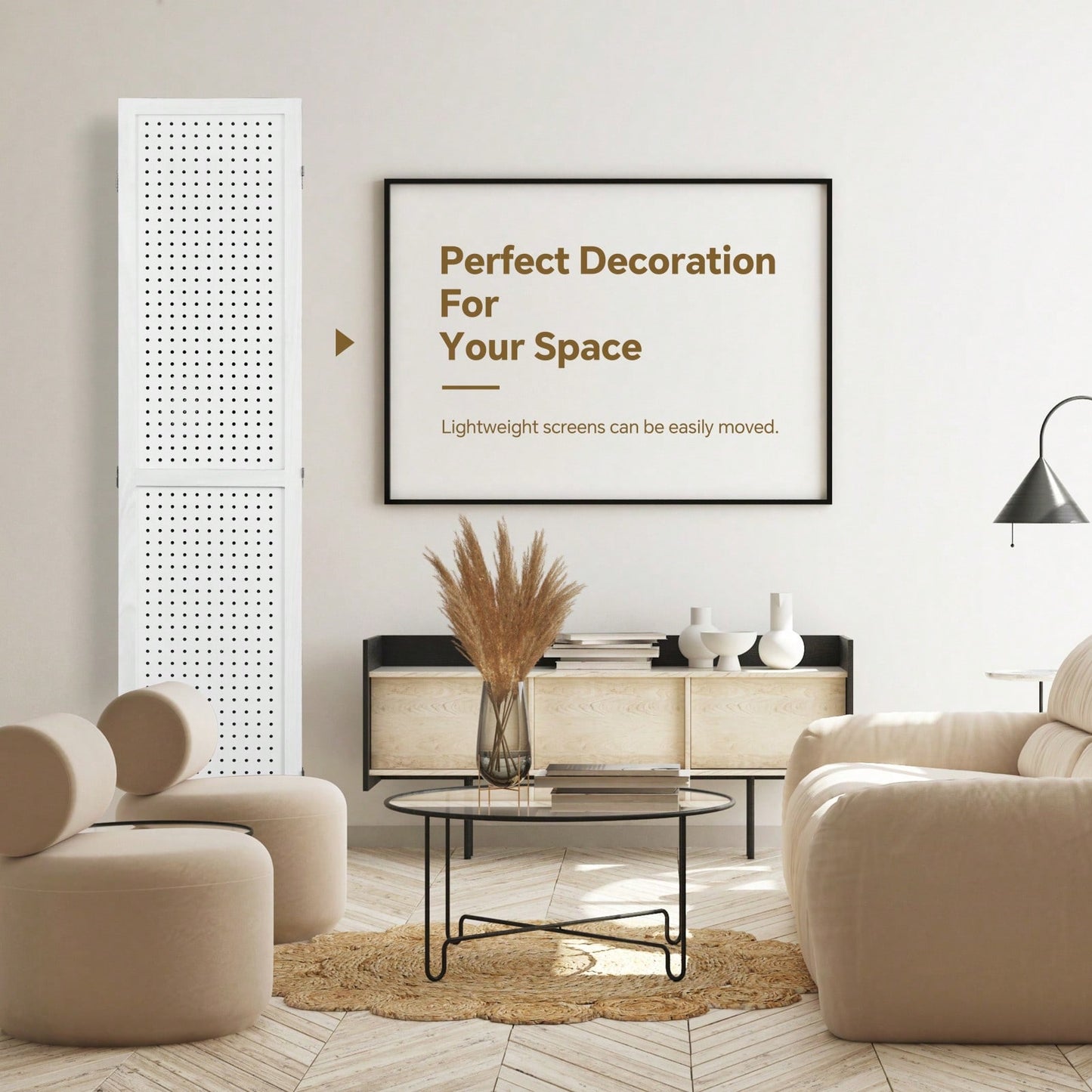 4 Panel Wooden Pegboard Room Divider 5.6ft Folding Privacy Screen Freestanding Display for Trade Shows and Home Organization